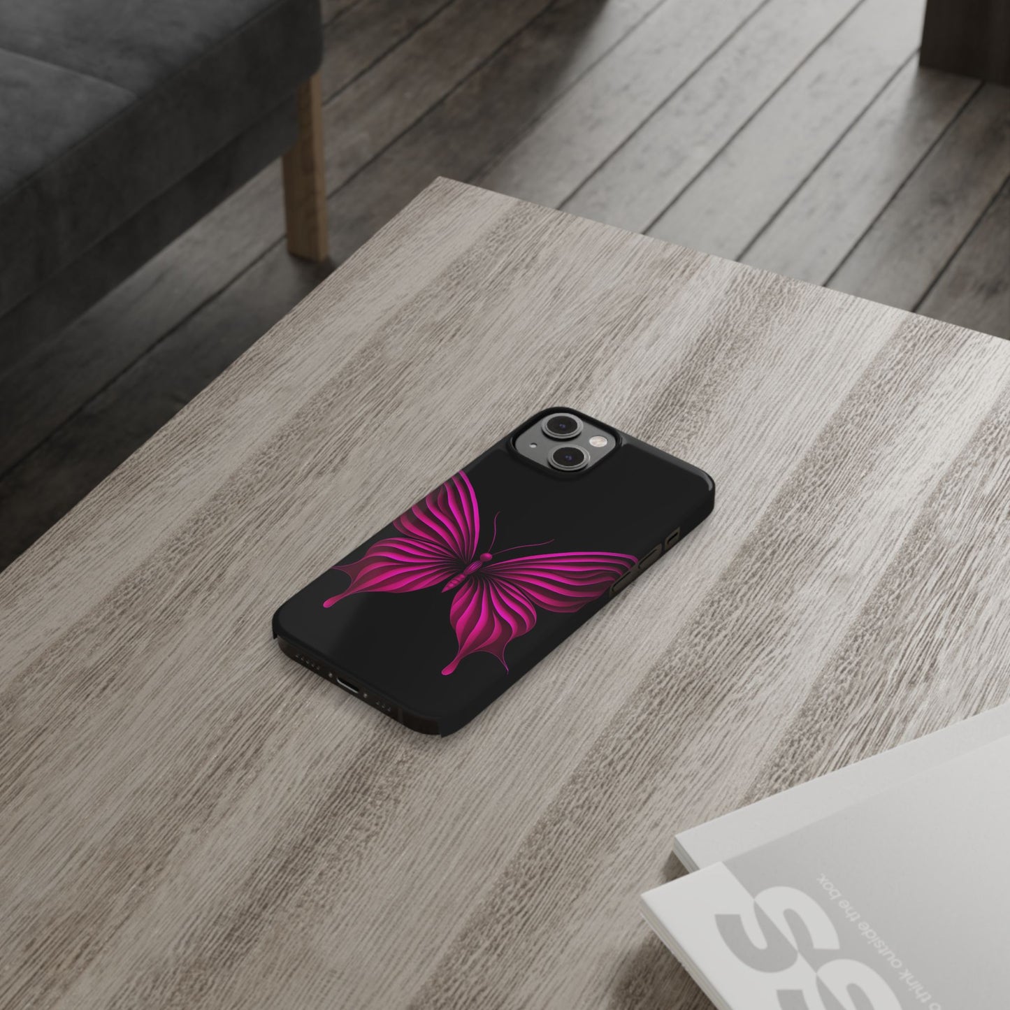 Pink Butterfly Phone Case, Elegant Insect Art, Black Aesthetic Slim Phone Case Compatible with iPhone, Galaxy, Google