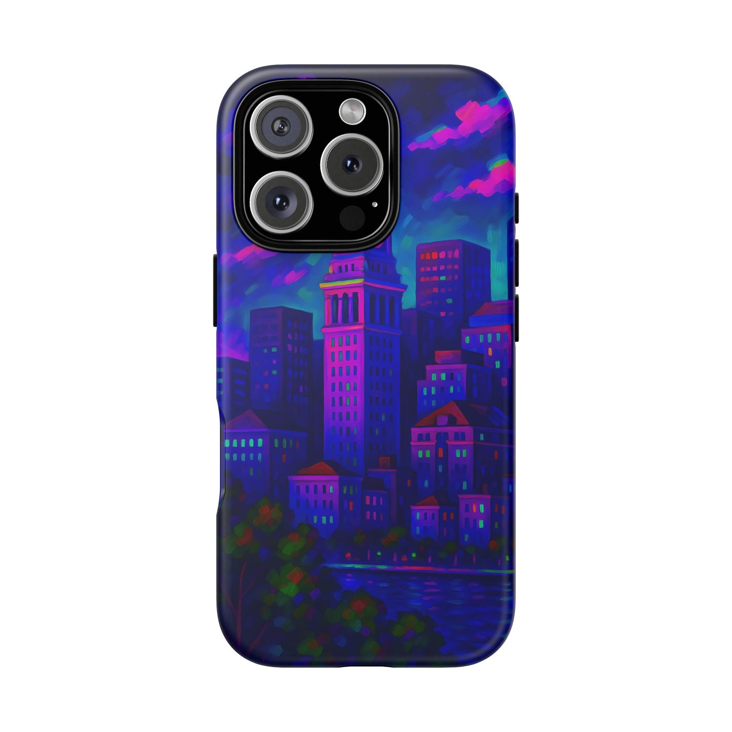 Boston Cityscape Tough Phone Case, Neon Night Skyline, Sunset Tower View Watercolor Urban Art, Compatible with iPhone, Galaxy, Google Phones