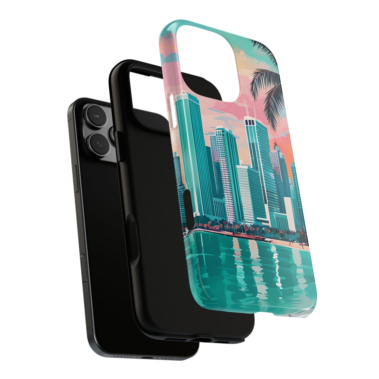 Cityscape Tough Phone Case, Miami Skyline Phone Cover, Watercolor Design Compatible with iPhone, Galaxy & Google
