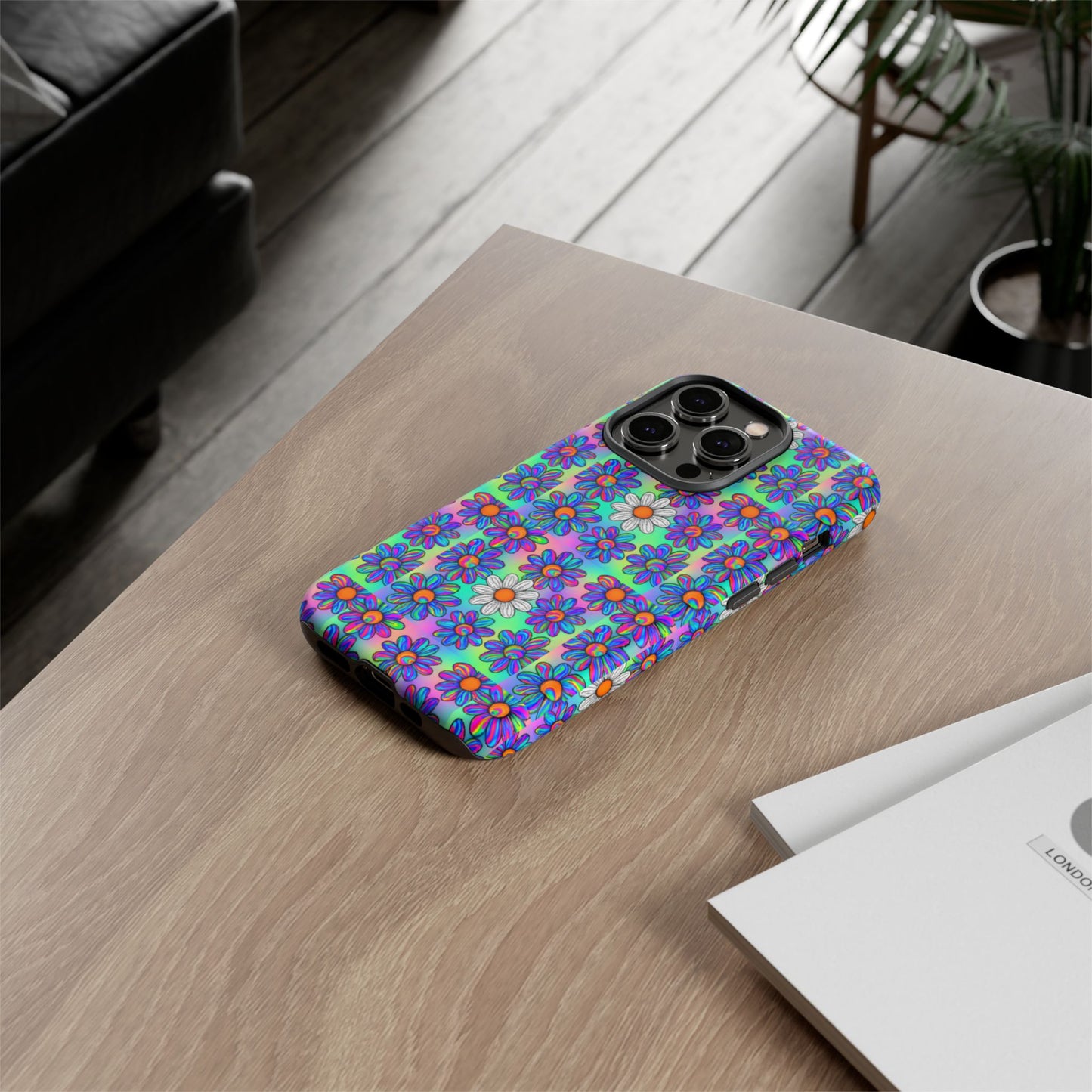 Trippy Daisy Tough Phone Case - Psychedelic Floral Aesthetic, Colorful Groovy Design, Compatible with iPhone, Galaxy, and Google Phones