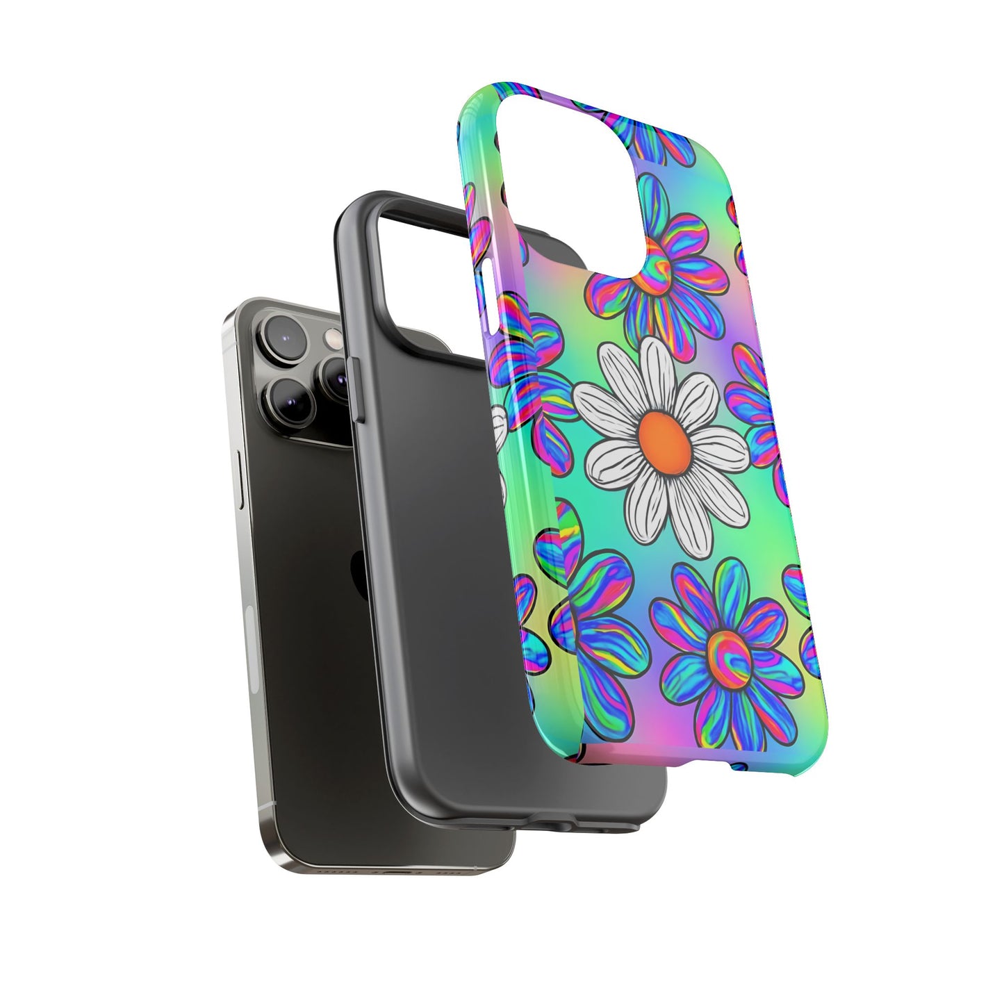 Trippy Daisy Tough Phone Case - Psychedelic Floral Design, Colorful Retro Aesthetic, Compatible with iPhone, Galaxy, and Google Phones