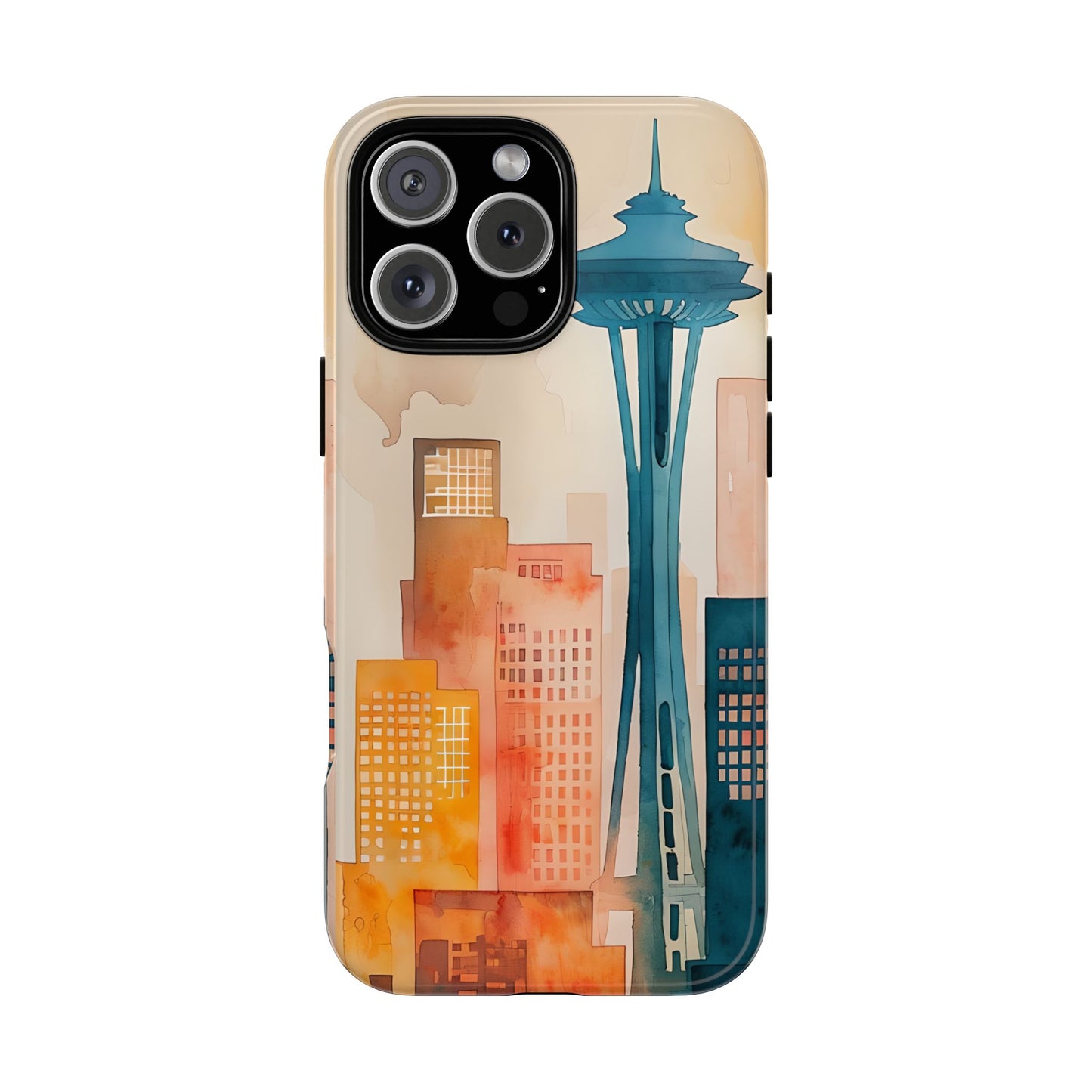 Cityscape Tough Phone Case, Seattle Skyline Phone Cover, Watercolor Art Design, Compatible with iPhone, Galaxy & Google