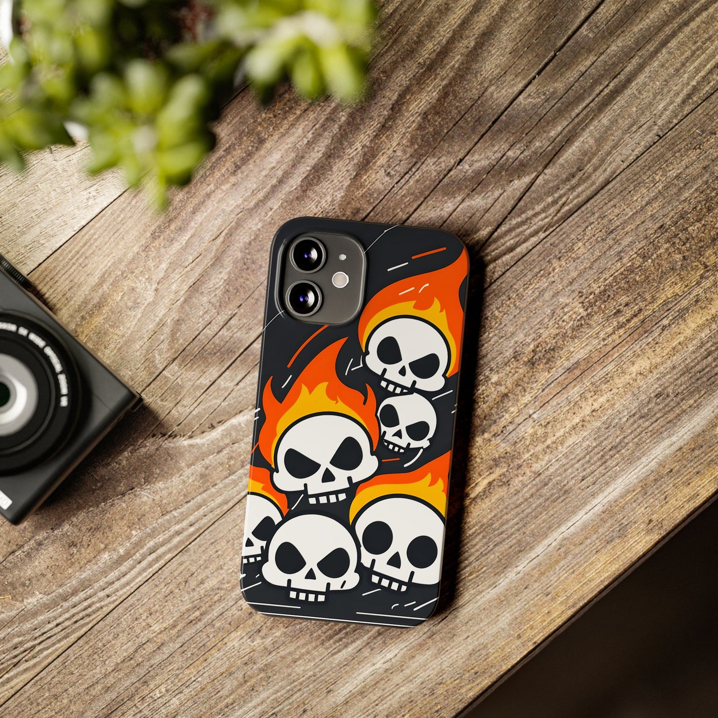 Flaming Skulls Slim Phone Case, Y2K Alt Halloween Aesthetic, Creepy Cute Cartoon Style, Stylish Music Lovers, Perfect Gift for Halloween