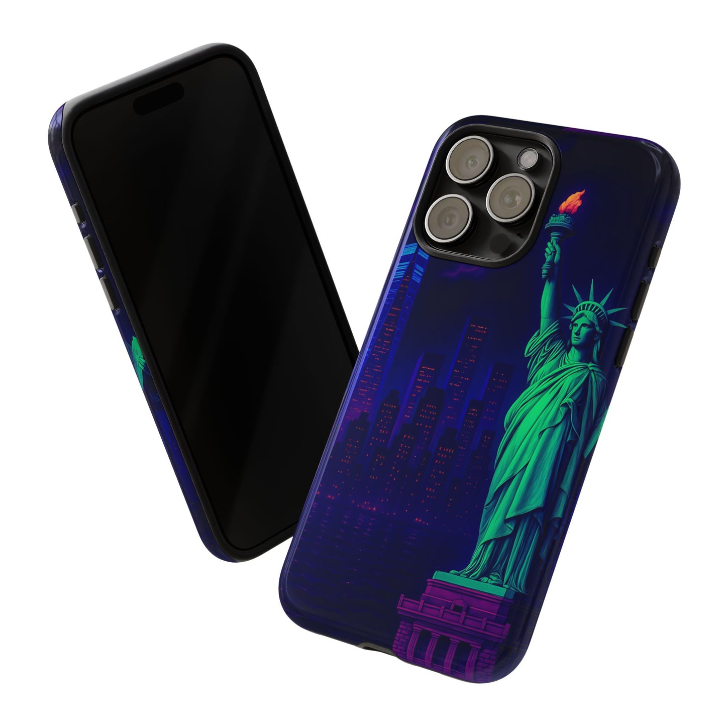 Cityscape Tough Phone Case, New York City Skyline Phone Cover, Neon Night Design Compatible with iPhone, Galaxy & Google