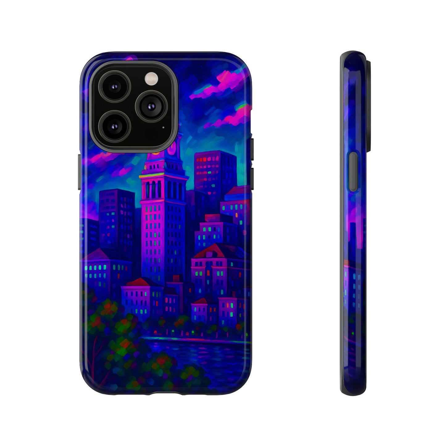 Boston Cityscape Tough Phone Case, Neon Night Skyline, Sunset Tower View Watercolor Urban Art, Compatible with iPhone, Galaxy, Google Phones