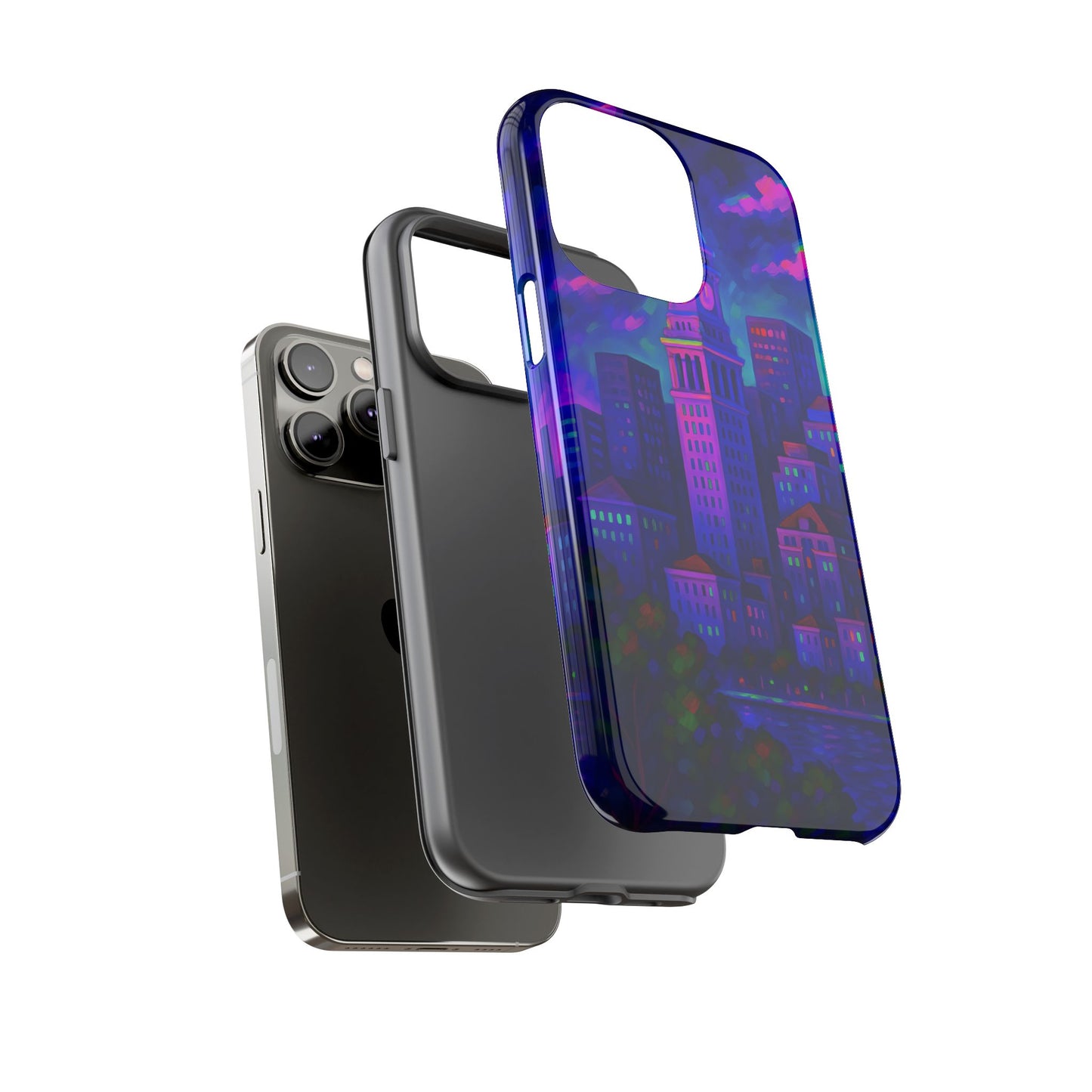 Boston Cityscape Tough Phone Case, Neon Night Skyline, Sunset Tower View Watercolor Urban Art, Compatible with iPhone, Galaxy, Google Phones
