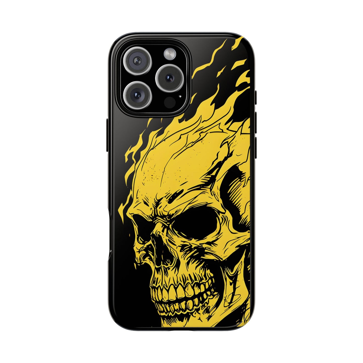 Flaming Skull Tough Phone Case - Gothic Halloween Aesthetic, Creepy Yellow Horror Art, Compatible with iPhone, Galaxy, and Google Phones