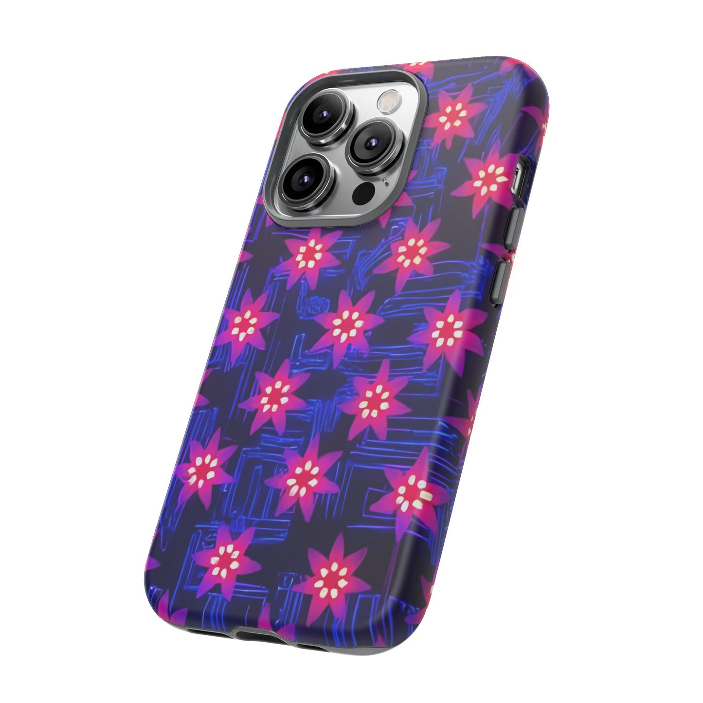 Neon Flower Tough Phone Case - Trippy Dark Floral Art, Electric Glow Aesthetic, Compatible with iPhone, Galaxy, and Google Phones