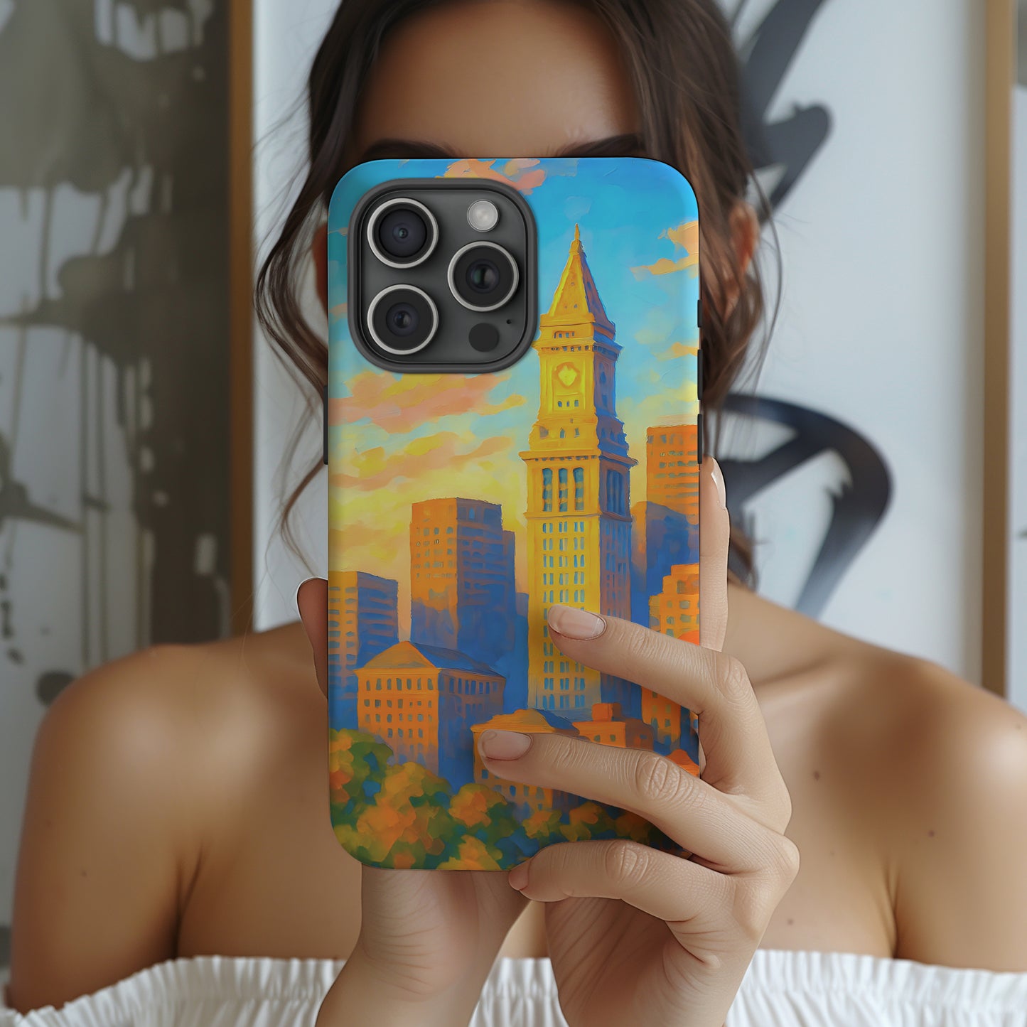 Cityscape Tough Phone Case, Boston Skyline Phone Cover, Sunset Glow Design Compatible with iPhone, Galaxy & Google