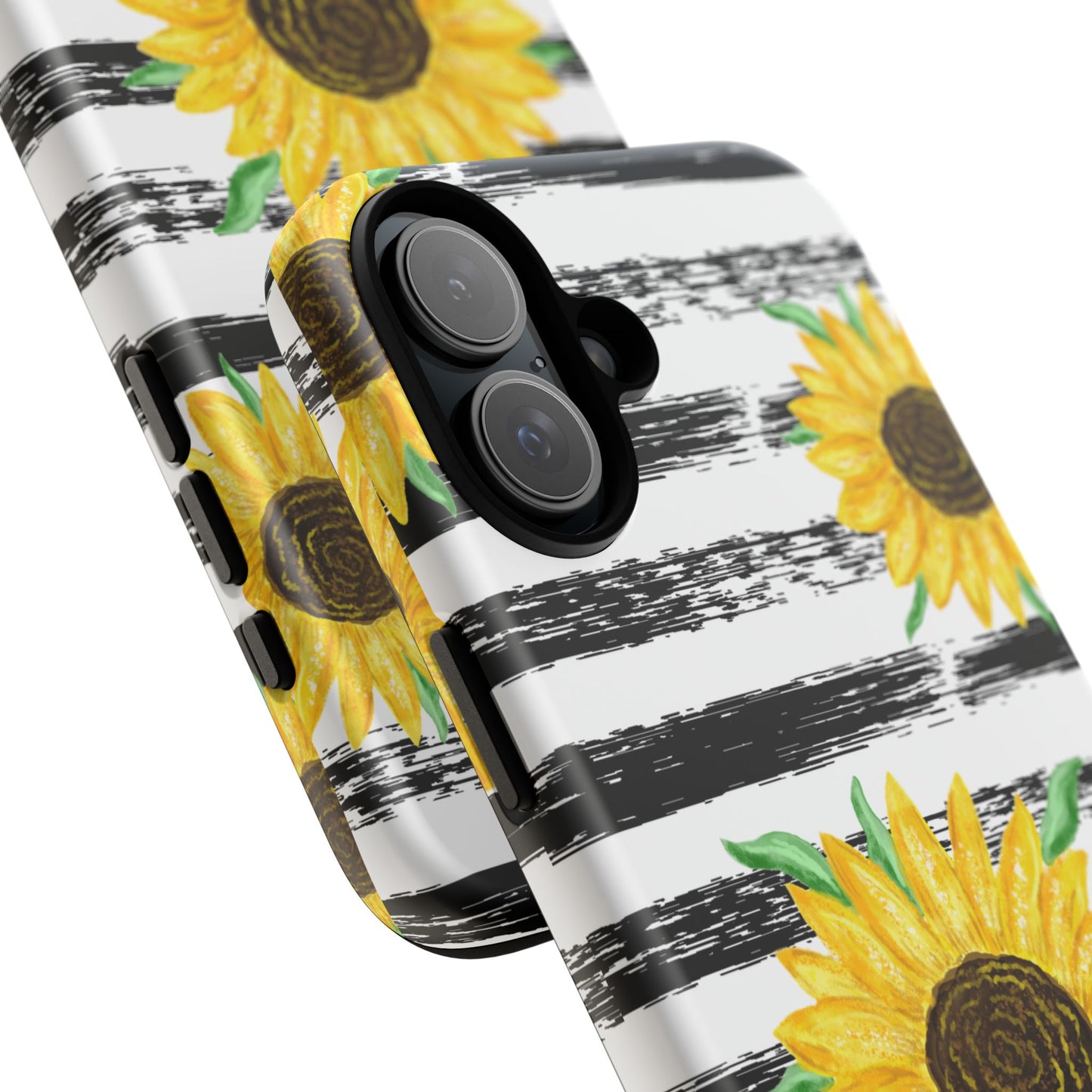 Sunflower Tough Phone Case - Bright Yellow Floral Art, Black and White Striped Aesthetic, Compatible with iPhone, Galaxy, and Google Phones