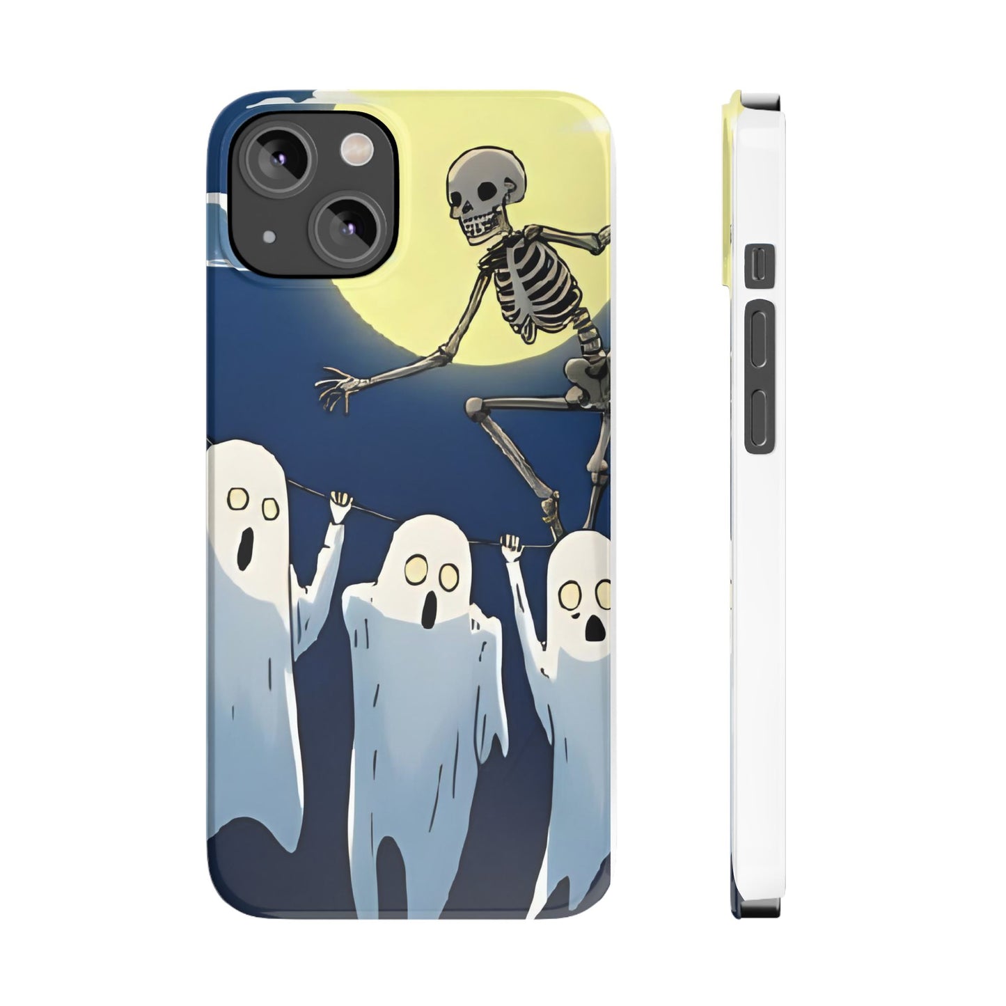 Jumping Skeleton Slim Phone Case - Halloween Aesthetic, Creepy Cute Ghost Cartoon Style, Compatible with iPhone, Galaxy, and Google Phones