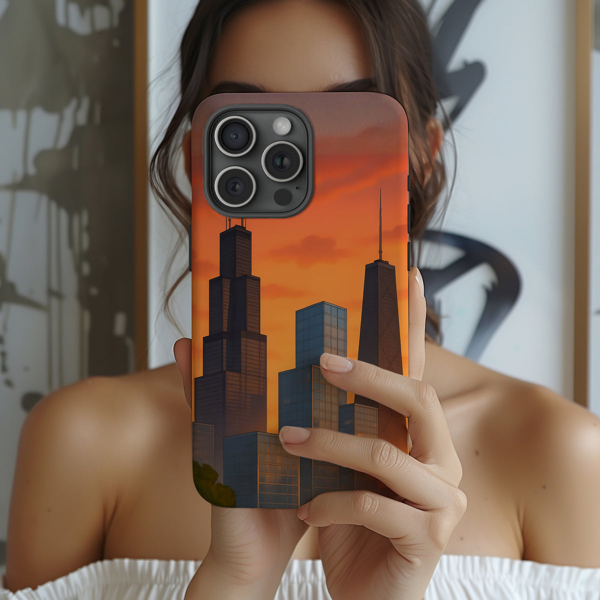 Cityscape Tough Phone Case, Chicago Skyline Phone Cover, Watercolor Design Compatible with iPhone, Galaxy & Google