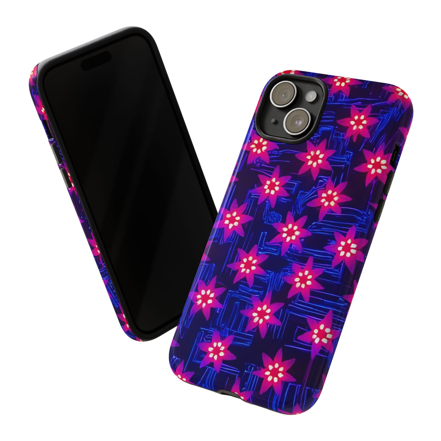 Neon Flower Tough Phone Case - Trippy Dark Floral Art, Electric Glow Aesthetic, Compatible with iPhone, Galaxy, and Google Phones
