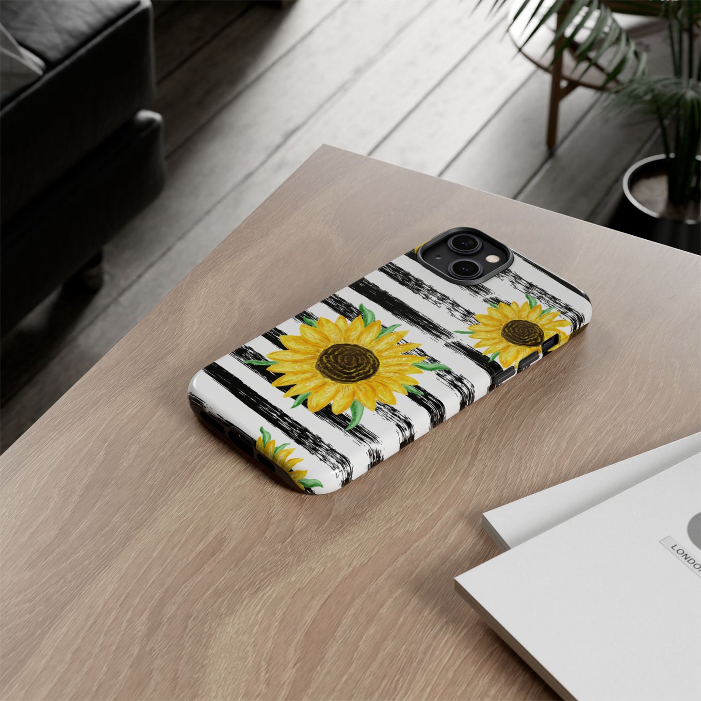 Sunflower Tough Phone Case - Bright Yellow Floral Art, Black and White Striped Aesthetic, Compatible with iPhone, Galaxy, and Google Phones