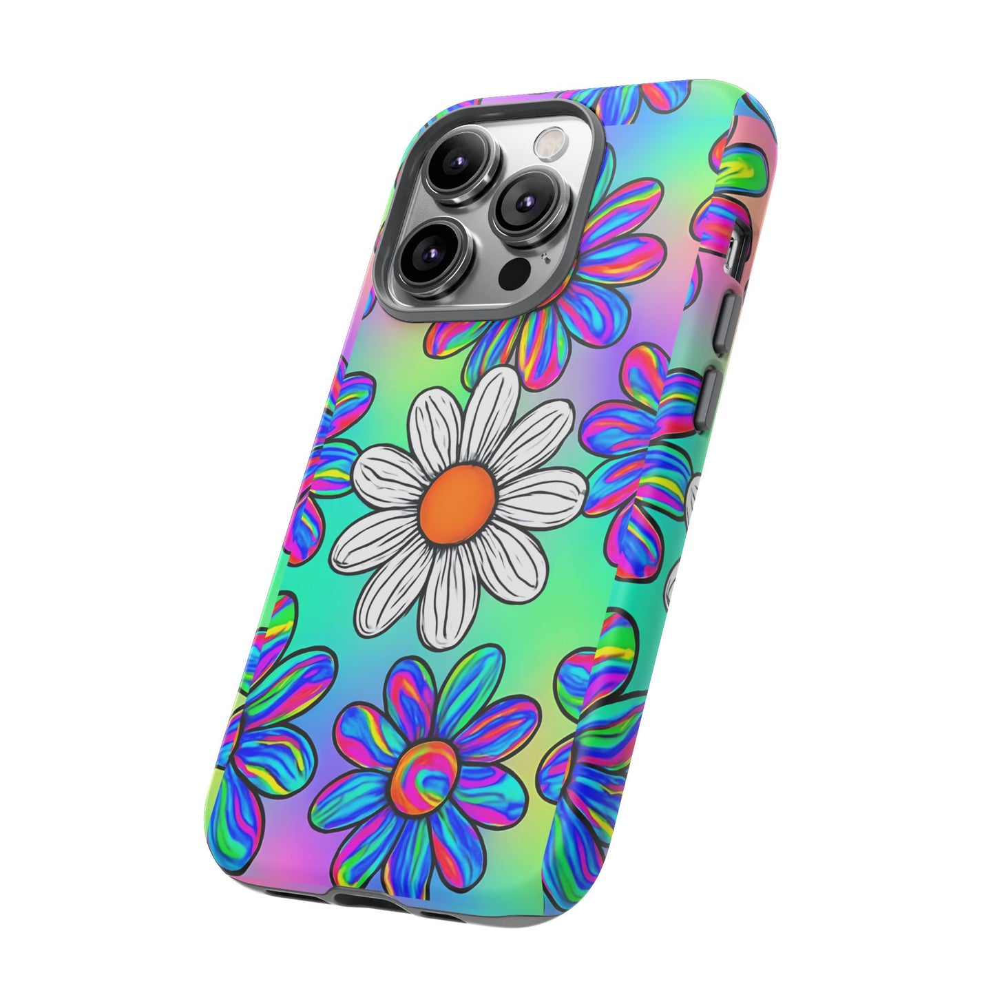 Trippy Daisy Tough Phone Case - Psychedelic Floral Design, Colorful Retro Aesthetic, Compatible with iPhone, Galaxy, and Google Phones