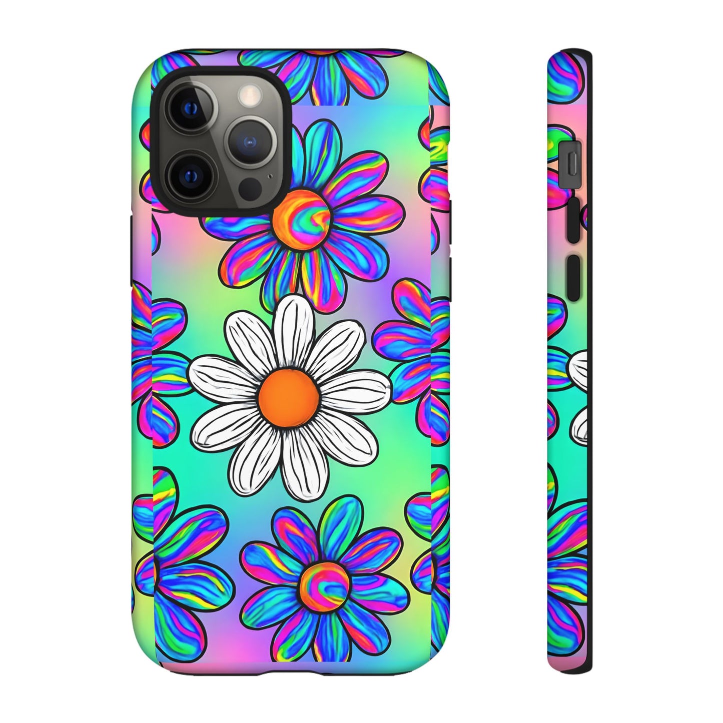 Trippy Daisy Tough Phone Case - Psychedelic Floral Design, Colorful Retro Aesthetic, Compatible with iPhone, Galaxy, and Google Phones