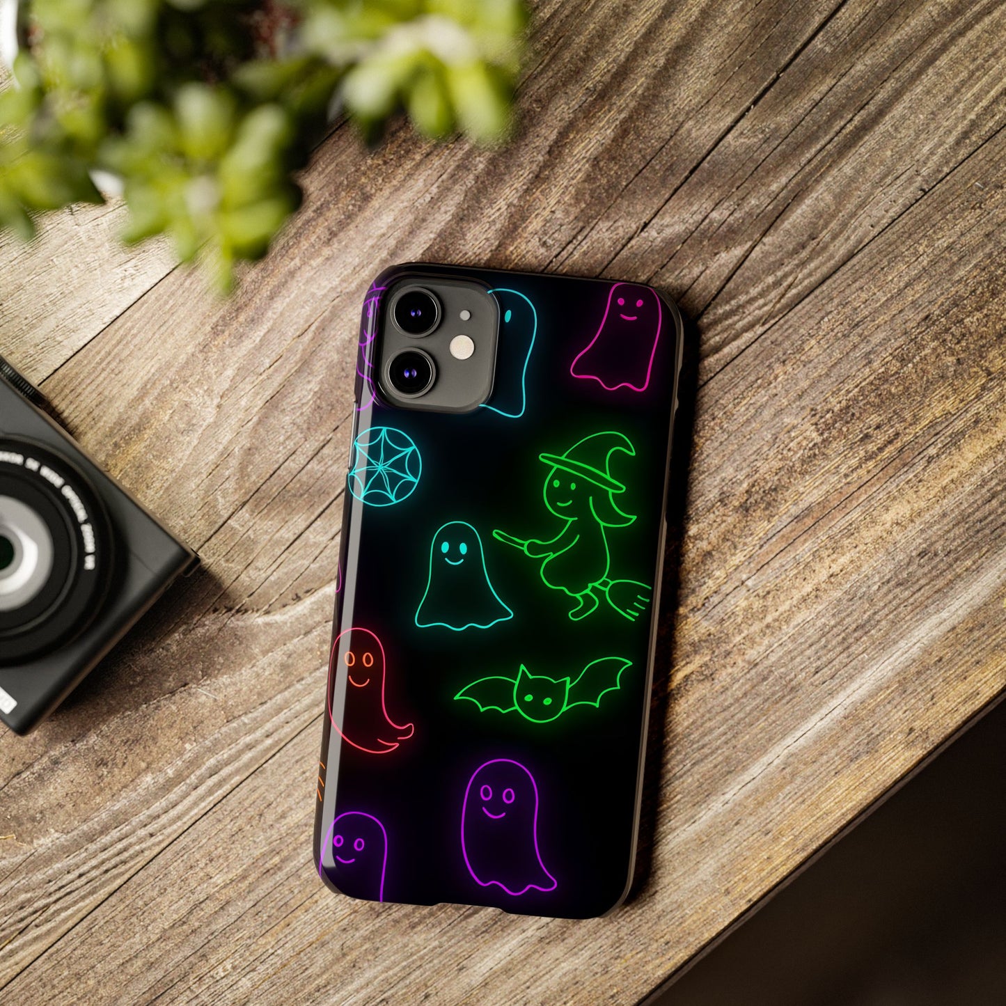 Neon Halloween Phone Case, Cute Ghost Witch Aesthetic Slim Phone Case, Compatible with iPhone, Galaxy, Google