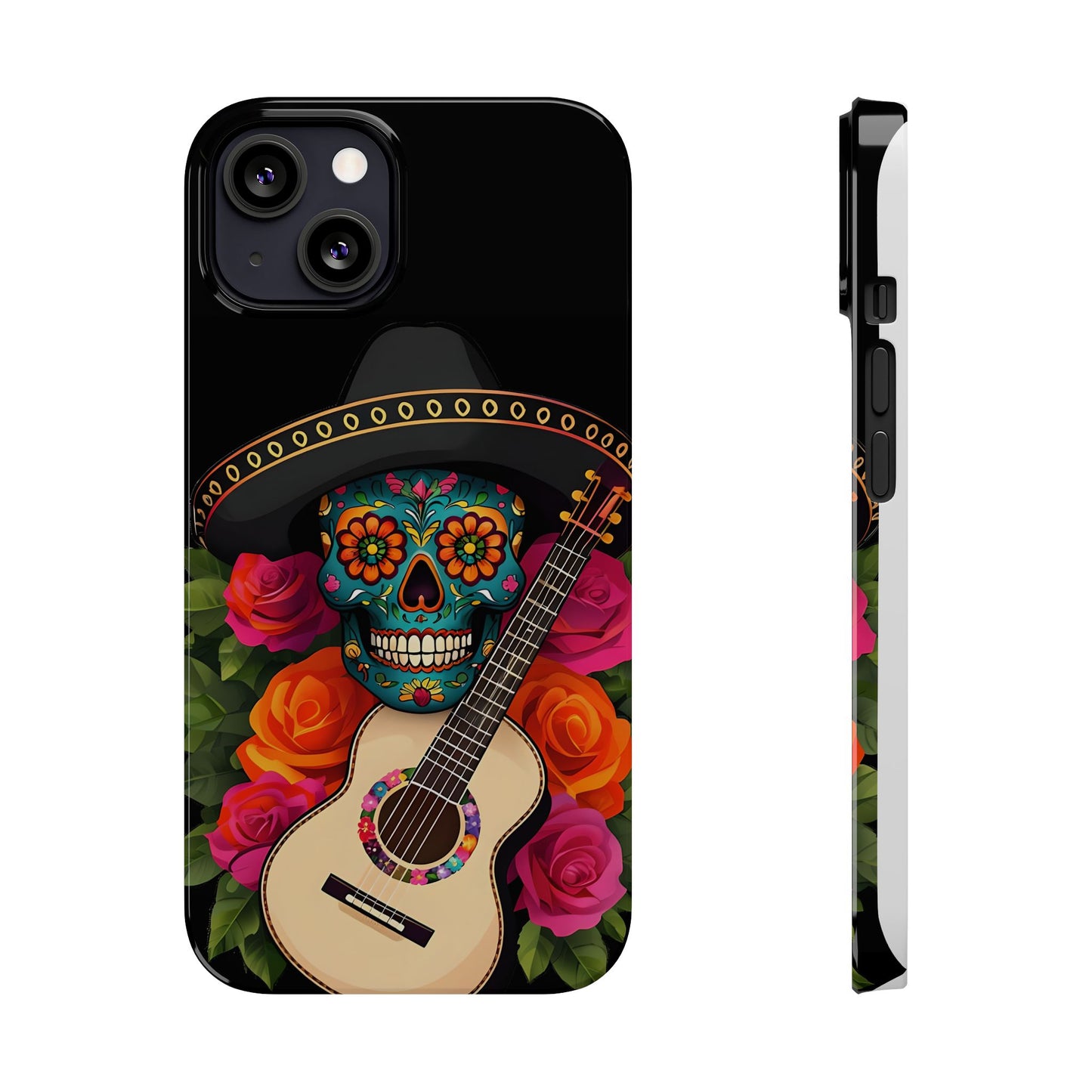 Mariachi Skull Slim Phone Case, Colorful Folk Aesthetic, Halloween Floral Skull Design, Gift for Mexican Culture Lovers