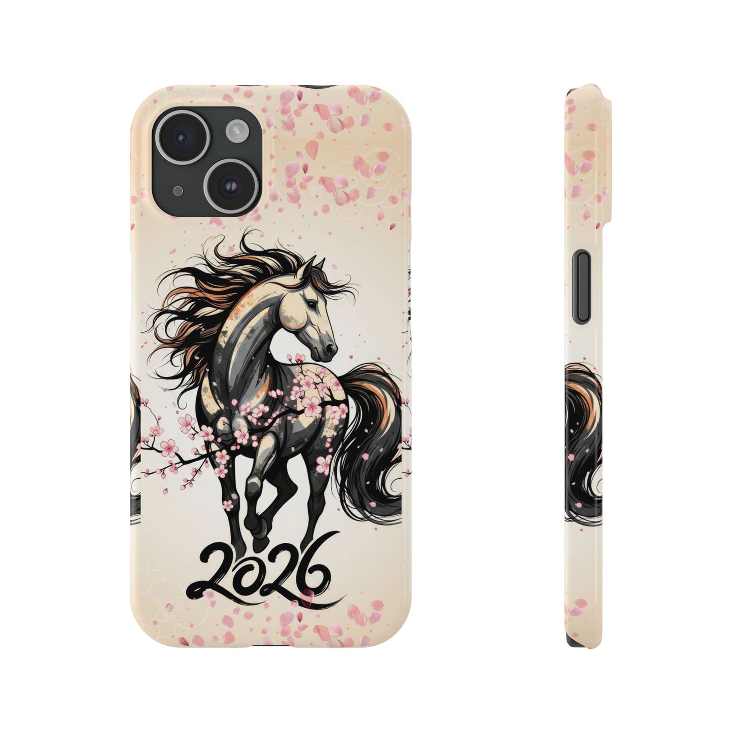 Year of the Horse Floral Art Slim Phone Case, Chinese Zodiac 2026 Design, compatible with iPhone 17 16 15 14 13 12 11