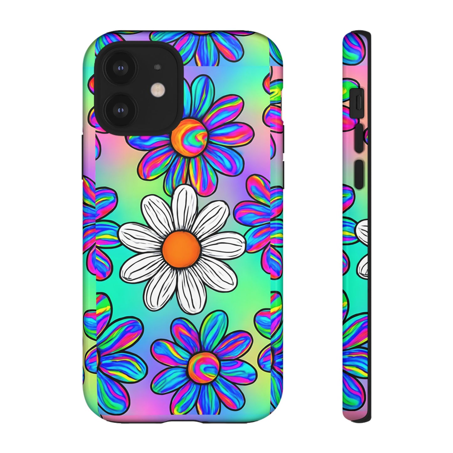 Trippy Daisy Tough Phone Case - Psychedelic Floral Design, Colorful Retro Aesthetic, Compatible with iPhone, Galaxy, and Google Phones