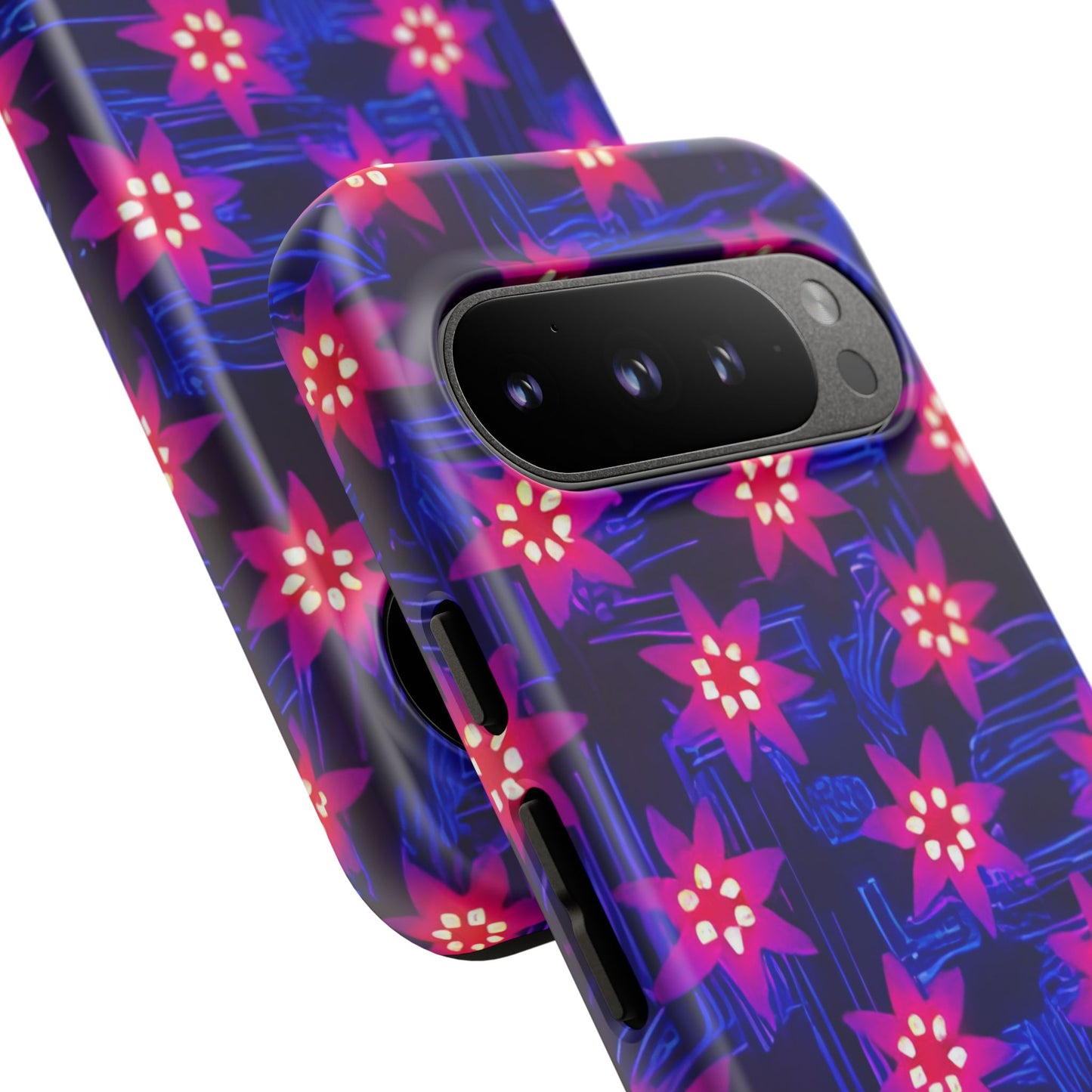 Neon Flower Tough Phone Case - Trippy Dark Floral Art, Electric Glow Aesthetic, Compatible with iPhone, Galaxy, and Google Phones