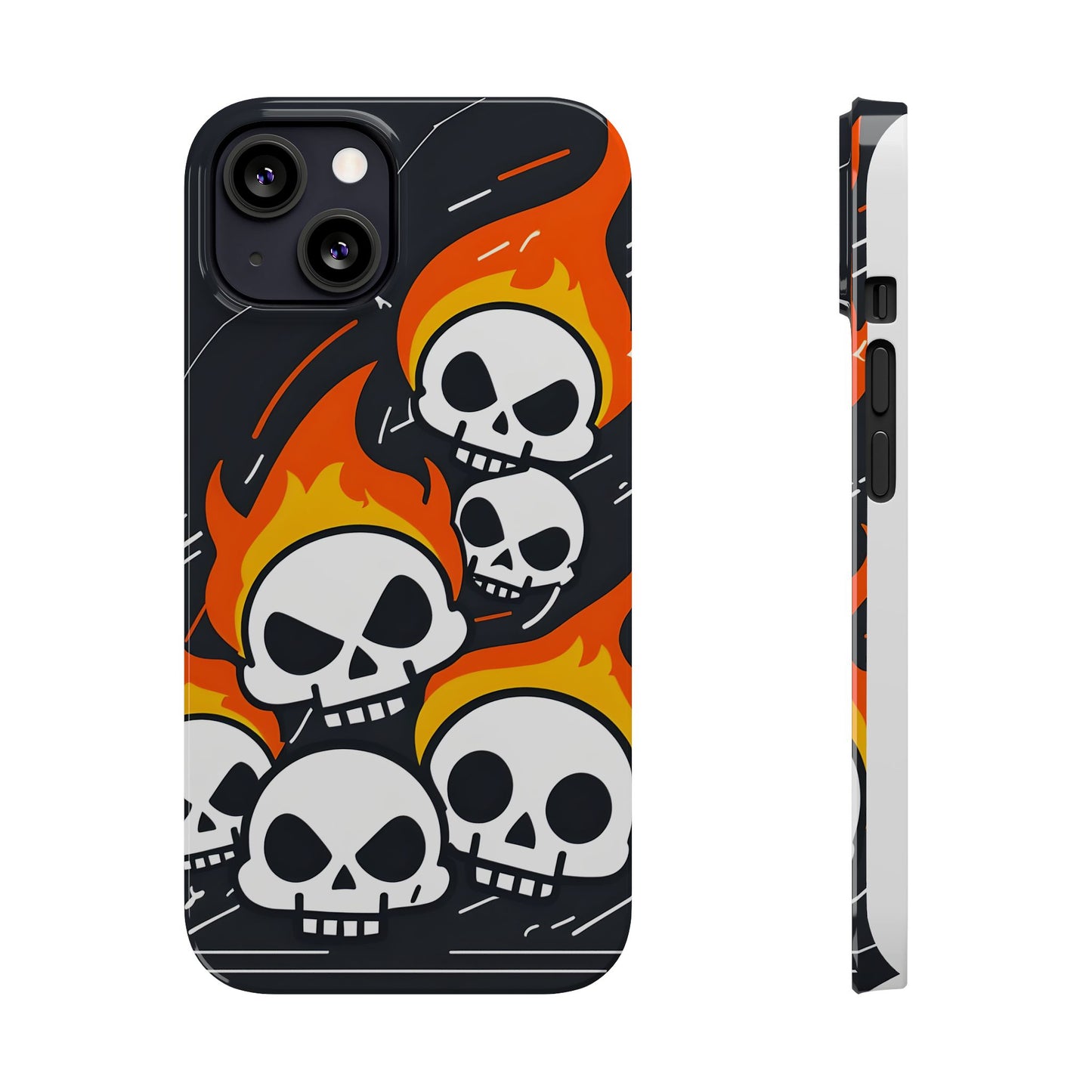 Flaming Skulls Slim Phone Case, Y2K Alt Halloween Aesthetic, Creepy Cute Cartoon Style, Stylish Music Lovers, Perfect Gift for Halloween