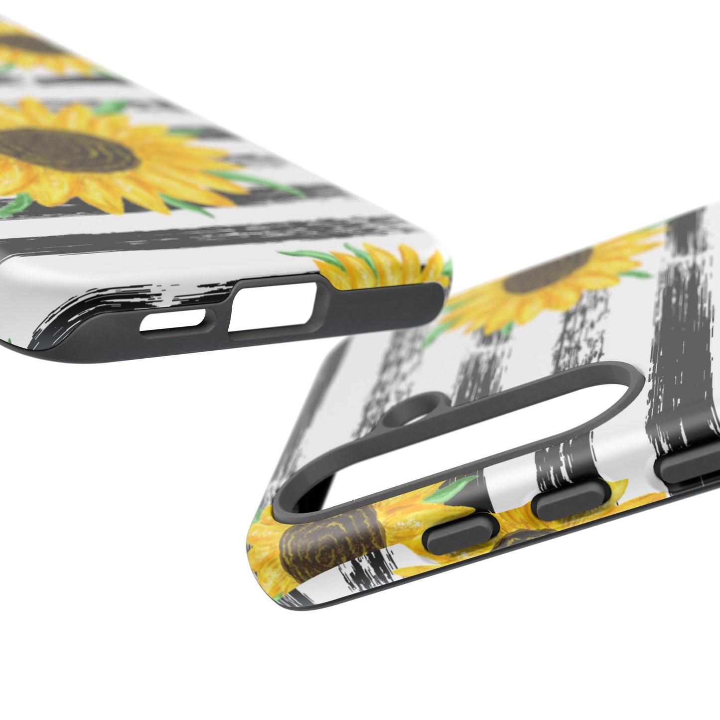 Sunflower Tough Phone Case - Bright Yellow Floral Art, Black and White Striped Aesthetic, Compatible with iPhone, Galaxy, and Google Phones