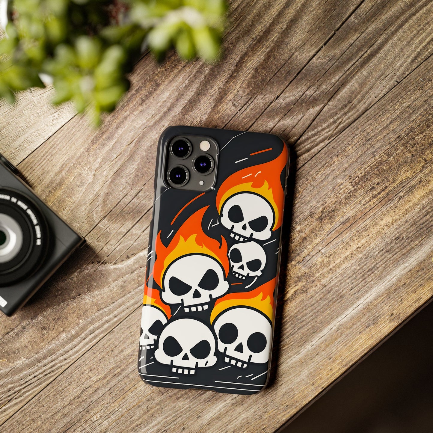 Flaming Skulls Slim Phone Case, Y2K Alt Halloween Aesthetic, Creepy Cute Cartoon Style, Stylish Music Lovers, Perfect Gift for Halloween