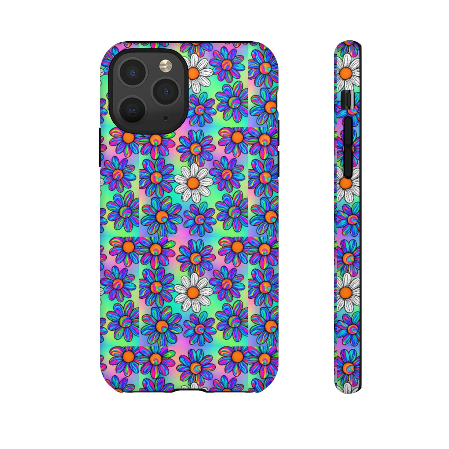 Trippy Daisy Tough Phone Case - Psychedelic Floral Aesthetic, Colorful Groovy Design, Compatible with iPhone, Galaxy, and Google Phones