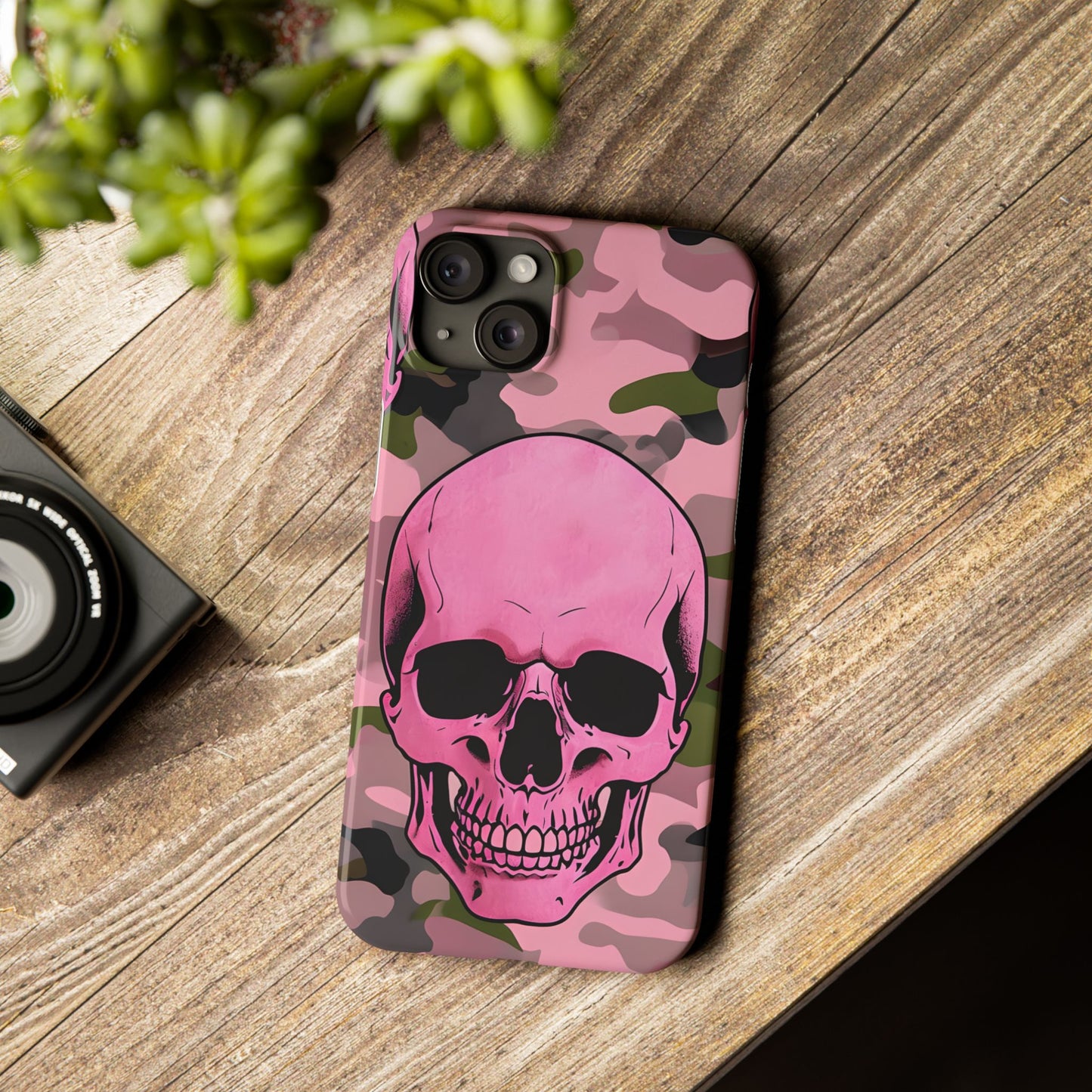 Pink Camo Skull Phone Case, Slim Case for iPhone, Edgy Phone Accessory, Unique Gift for Her, Trendy Tech Lover