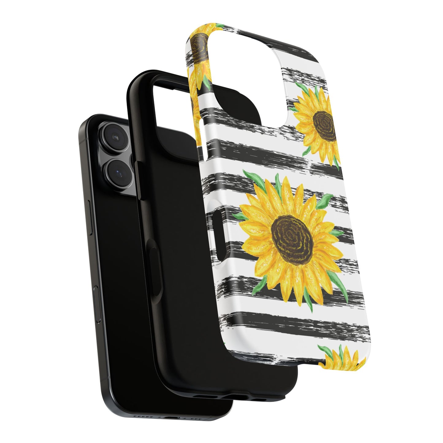 Sunflower Tough Phone Case - Bright Yellow Floral Art, Black and White Striped Aesthetic, Compatible with iPhone, Galaxy, and Google Phones