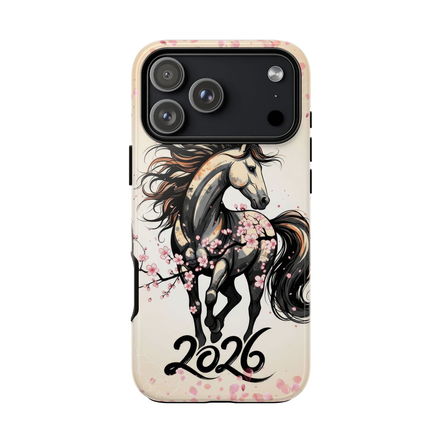Year of the Horse Floral Art Tough Phone Case, Chinese Zodiac 2026 Design, compatible with iPhone 17 16 15 14 13 Galaxy Google