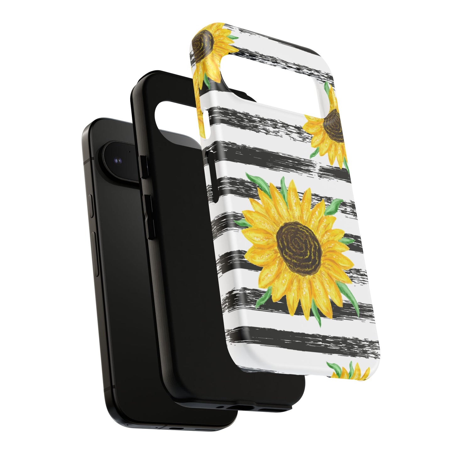 Sunflower Tough Phone Case - Bright Yellow Floral Art, Black and White Striped Aesthetic, Compatible with iPhone, Galaxy, and Google Phones
