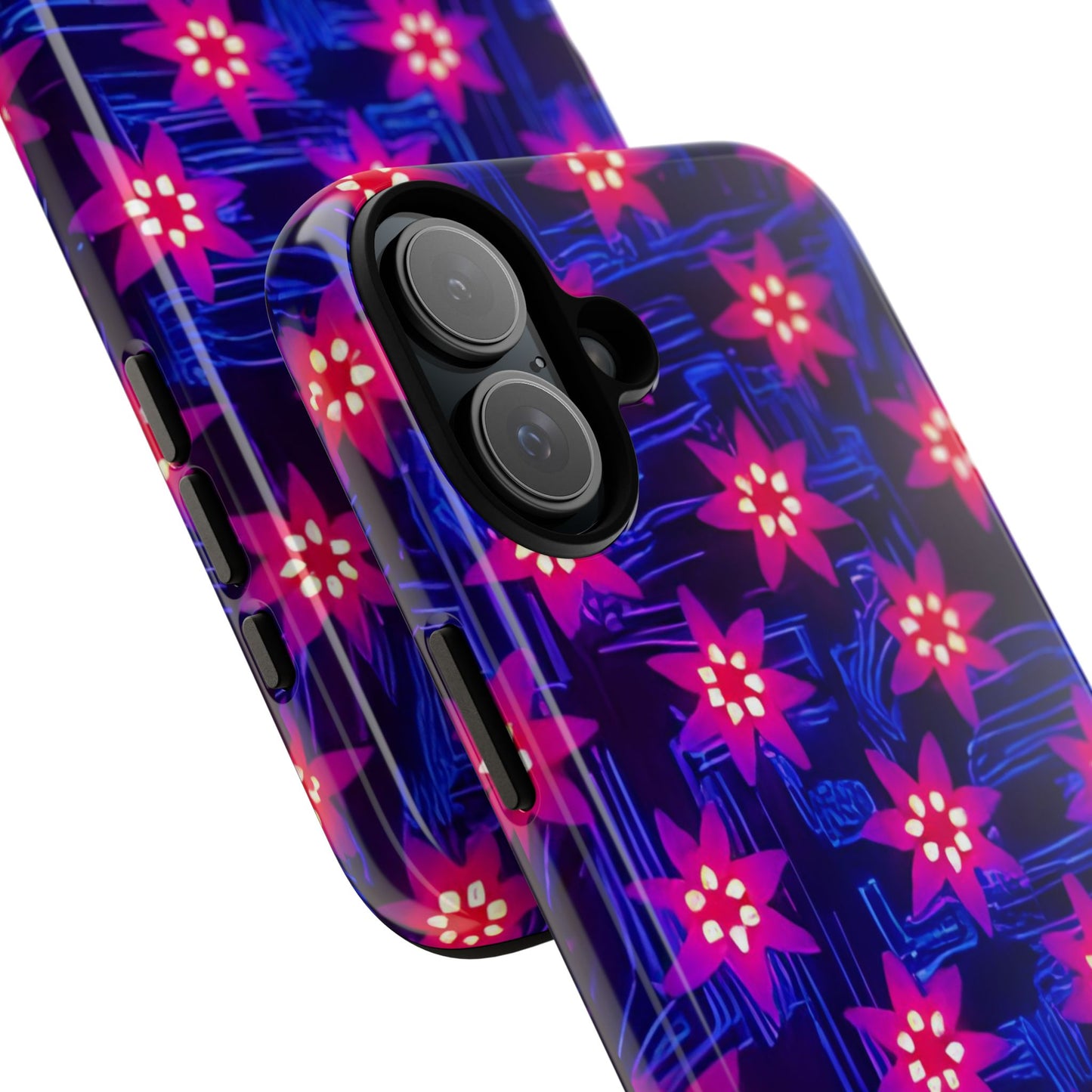 Neon Flower Tough Phone Case - Trippy Dark Floral Art, Electric Glow Aesthetic, Compatible with iPhone, Galaxy, and Google Phones