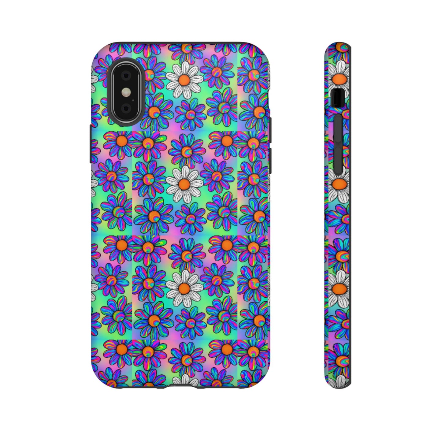 Trippy Daisy Tough Phone Case - Psychedelic Floral Aesthetic, Colorful Groovy Design, Compatible with iPhone, Galaxy, and Google Phones