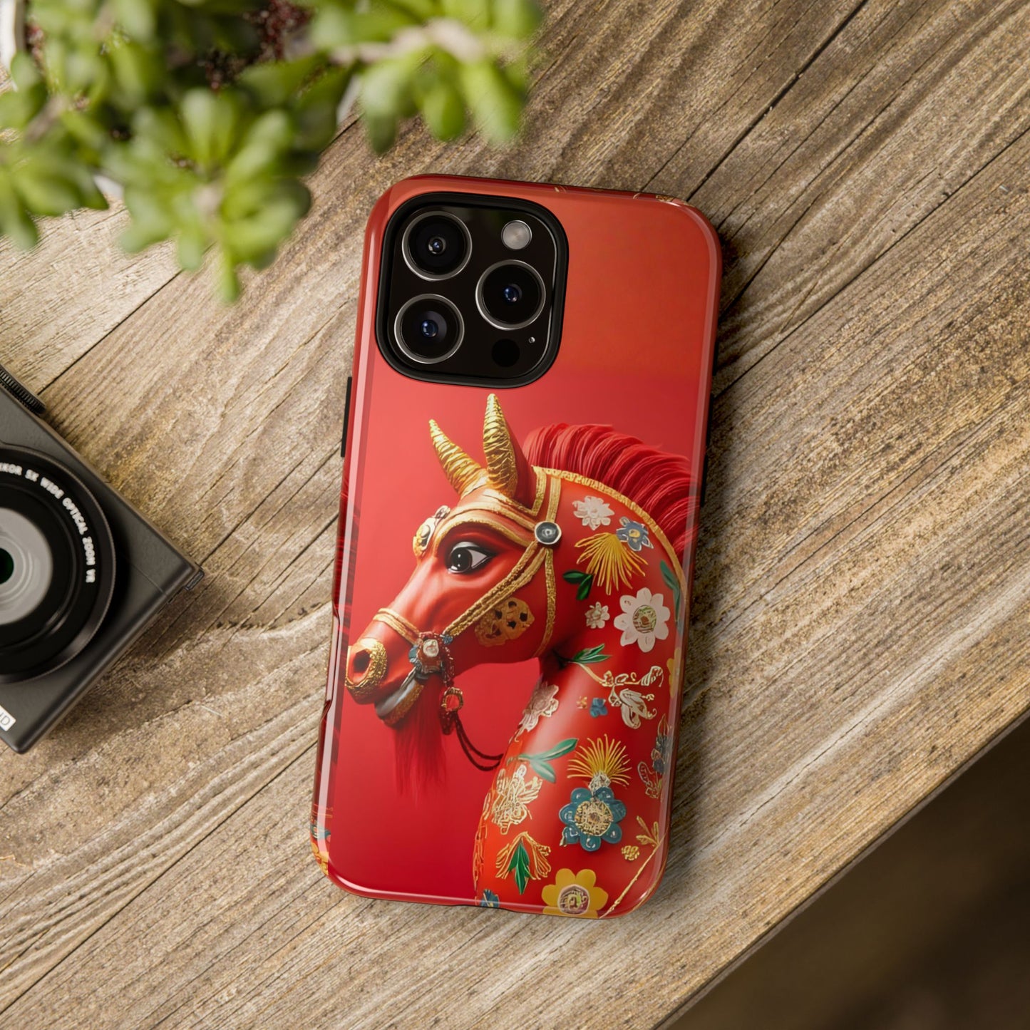 Year of the Horse Floral Art Tough Phone Case, Chinese Zodiac 2026 Design, compatible with iPhone 17 16 15 14 13 Galaxy Google