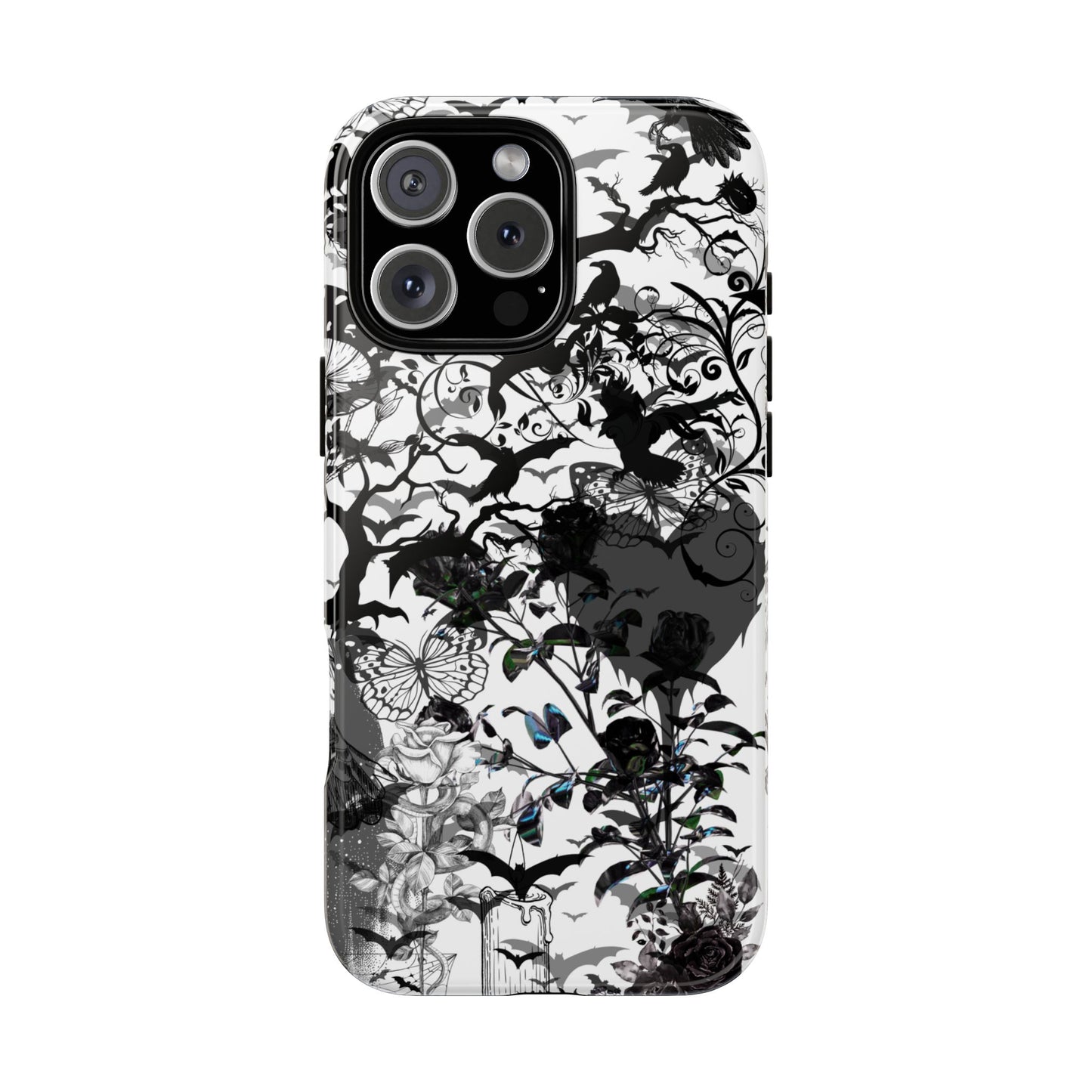 Gothic Fairycore Phone Case, Bats Raven Butterfly & Dark Floral Design Phone Cover for iPhone, Samsung, Pixel, Witchy Spooky Goth Aesthetic