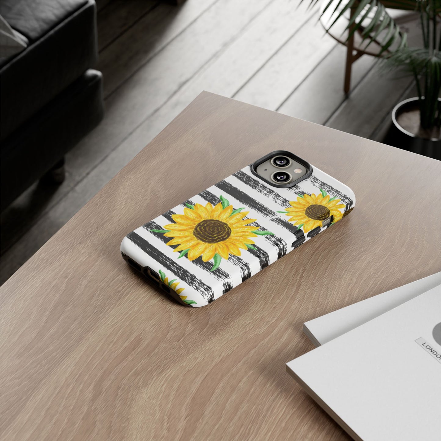 Sunflower Tough Phone Case - Bright Yellow Floral Art, Black and White Striped Aesthetic, Compatible with iPhone, Galaxy, and Google Phones
