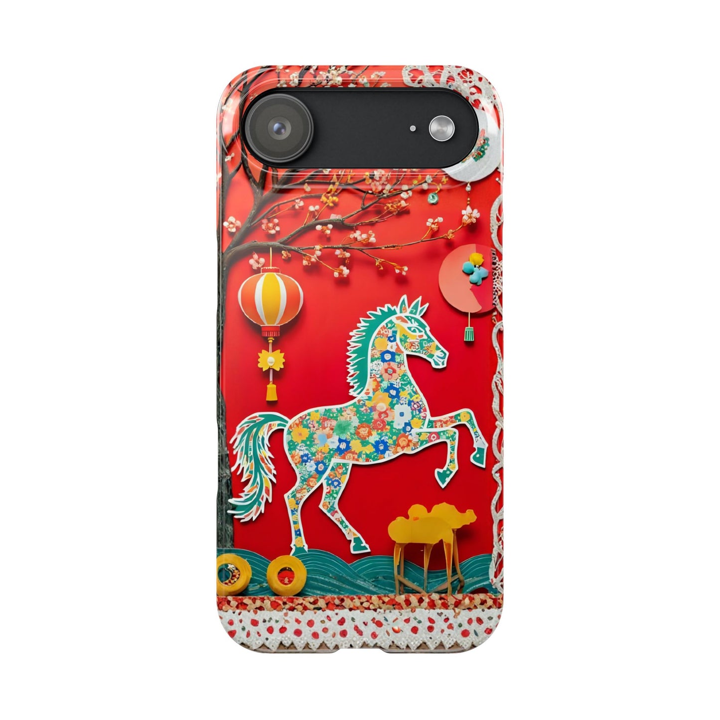 Year of the Horse Slim Phone Case, Flower Art Chinese Zodiac 2026 Design, compatible with iPhone 17 16 15 14 13 12 11