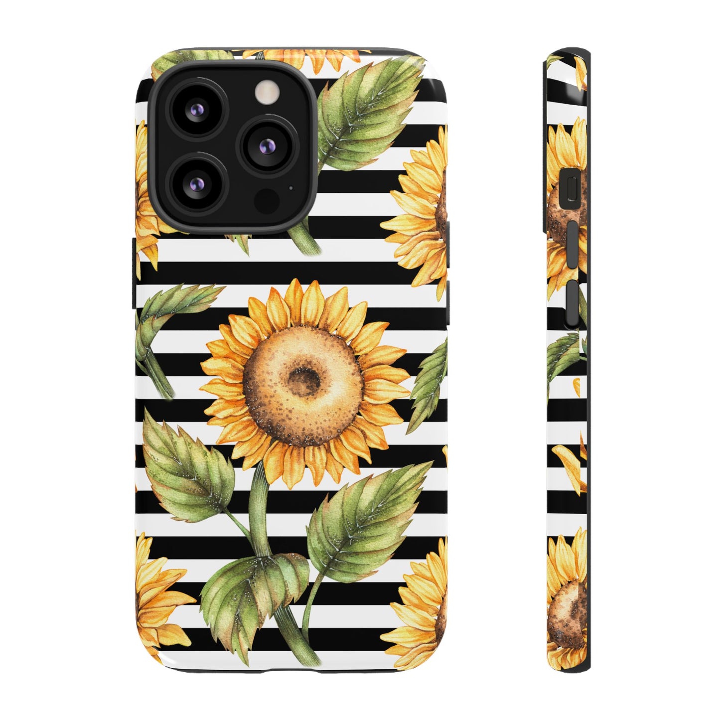 Sunflower Tough Phone Case - Bold Yellow Floral Art, Black and White Striped Aesthetic, Compatible with iPhone, Galaxy, and Google Phones