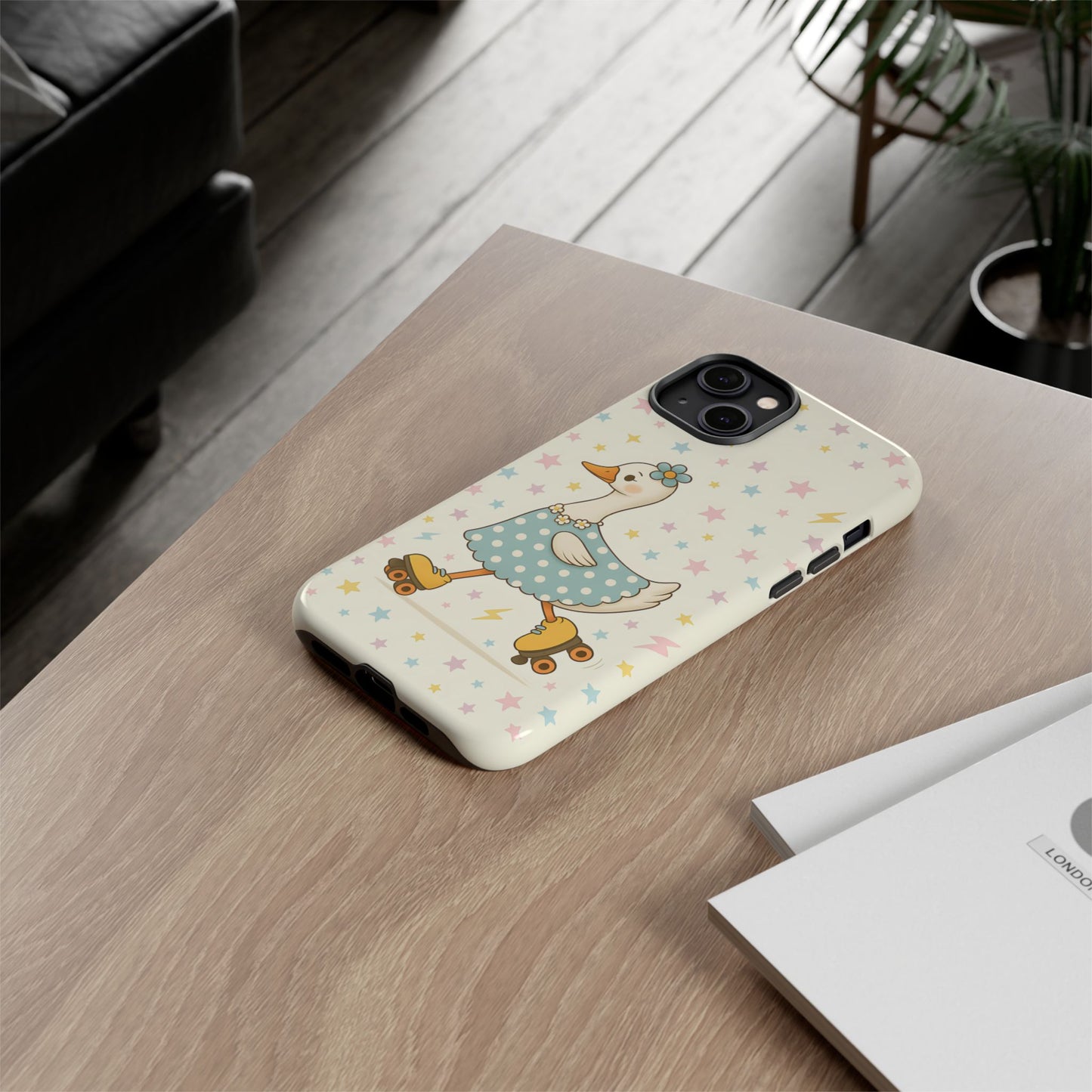 Roller Skating Goose Tough Phone Case, Retro Kawaii Animal, Silly Goose Compatible with iPhone, Galaxy, Google
