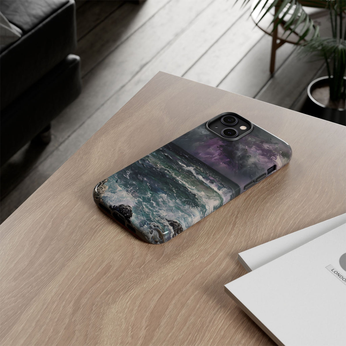 Stormy Ocean Scenery Tough Phone Case, Oil Painting, Dark Sea Waves Compatible with iPhone 17, 16, 15, 14, 13, Galaxy, Google