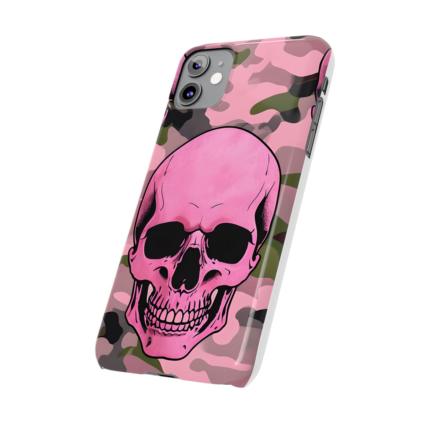 Pink Camo Skull Phone Case, Slim Case for iPhone, Edgy Phone Accessory, Unique Gift for Her, Trendy Tech Lover