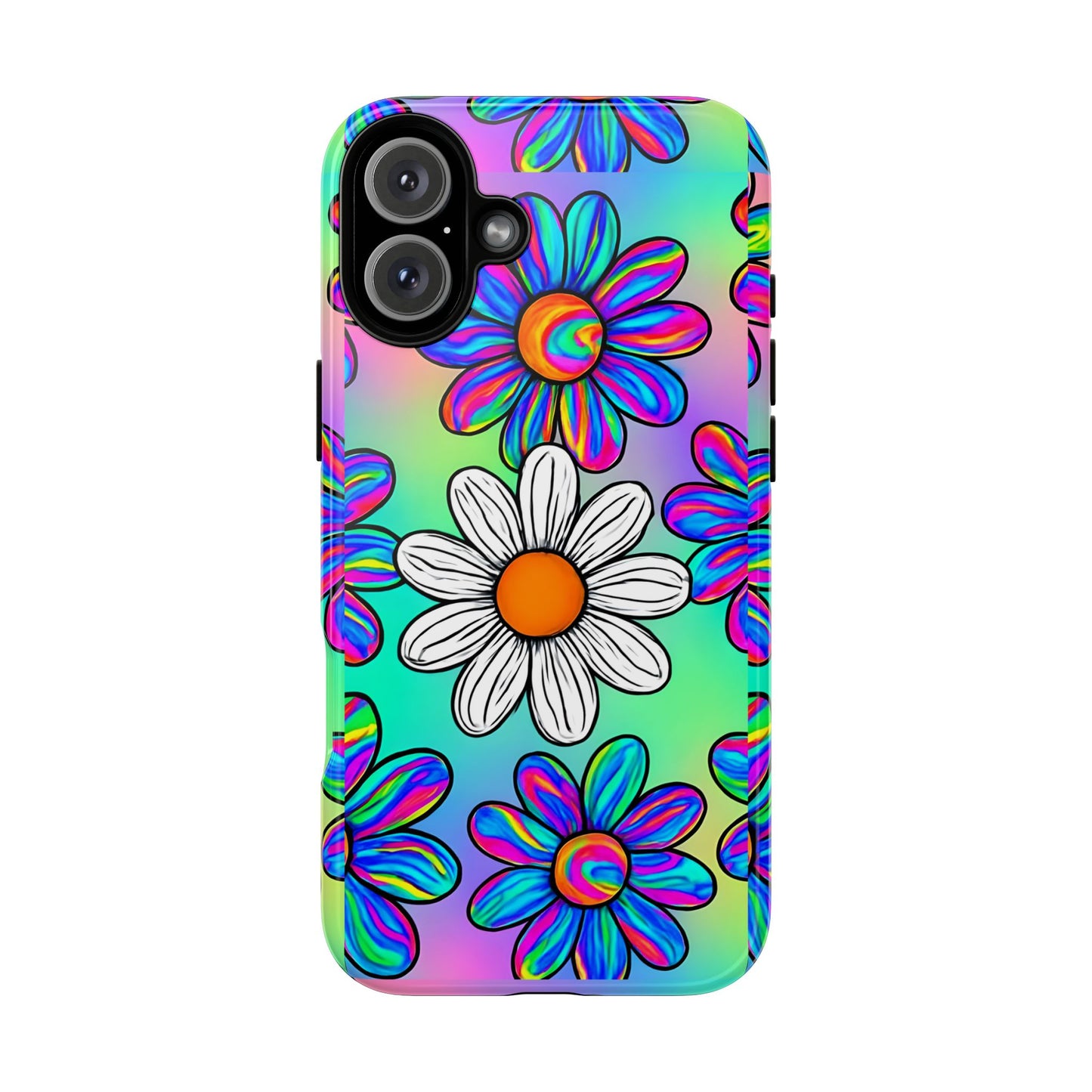 Trippy Daisy Tough Phone Case - Psychedelic Floral Design, Colorful Retro Aesthetic, Compatible with iPhone, Galaxy, and Google Phones