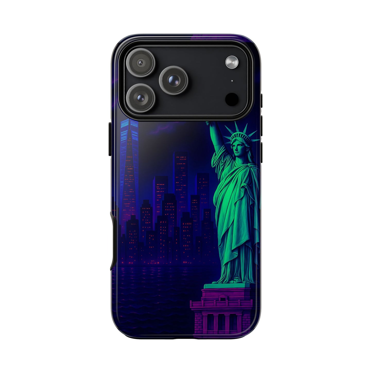 Cityscape Tough Phone Case, New York City Skyline Phone Cover, Neon Night Design Compatible with iPhone, Galaxy & Google