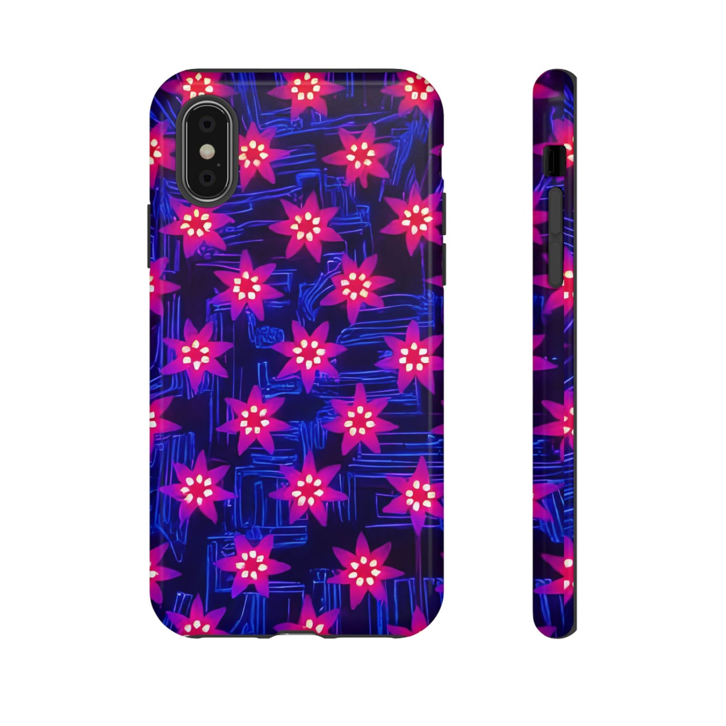 Neon Flower Tough Phone Case - Trippy Dark Floral Art, Electric Glow Aesthetic, Compatible with iPhone, Galaxy, and Google Phones