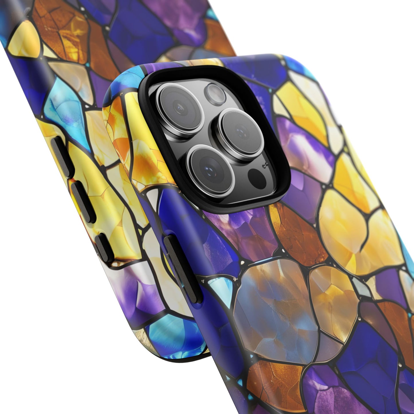 Boho Stained Glass Phone Case iPhone 16 15 14 13 12 11 X 8 7 Samsung Galaxy Pixel Models, Blue and Gold Mosaic Aesthetic Protective Cover