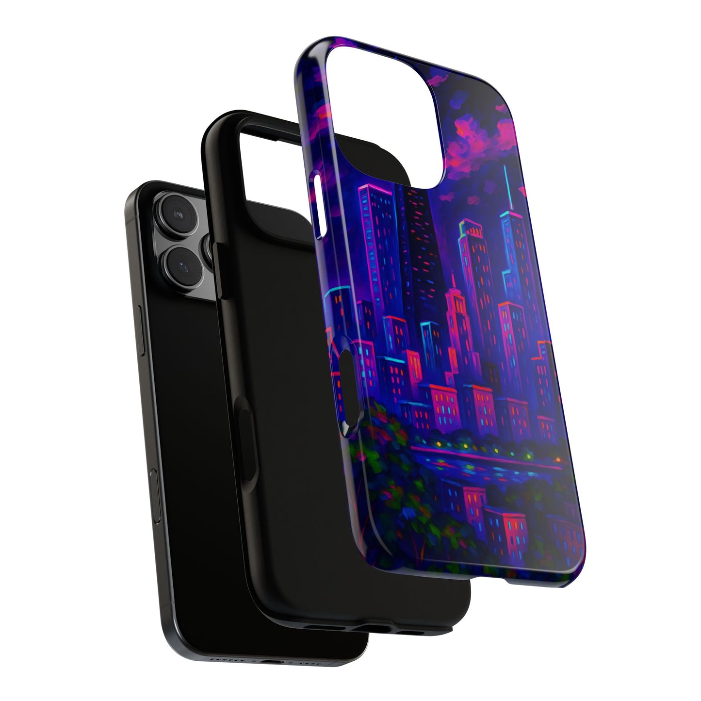 Cityscape Tough Phone Case, Chicago Skyline Phone Cover, Neon Night Design Compatible with iPhone, Galaxy & Google