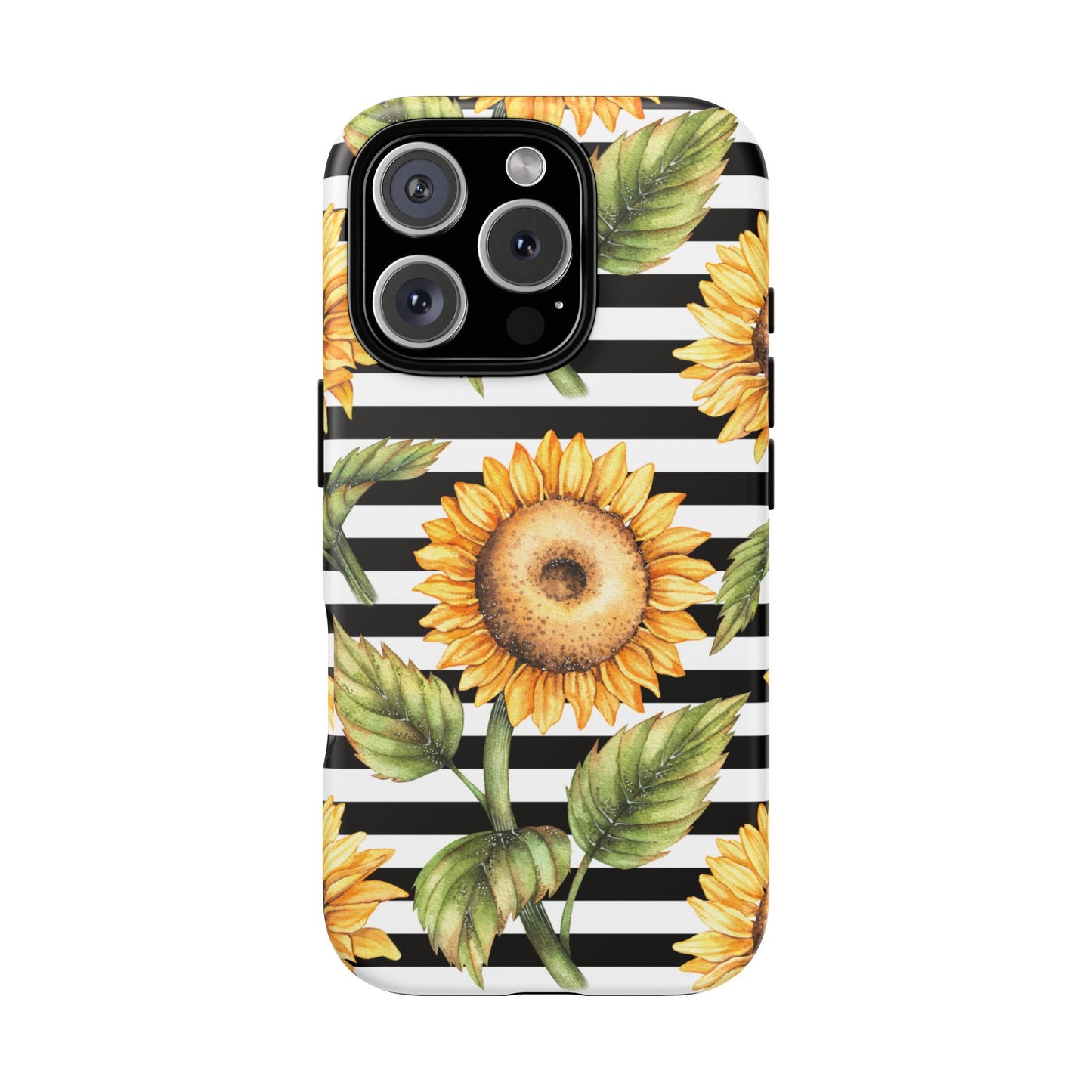 Sunflower Tough Phone Case - Bold Yellow Floral Art, Black and White Striped Aesthetic, Compatible with iPhone, Galaxy, and Google Phones