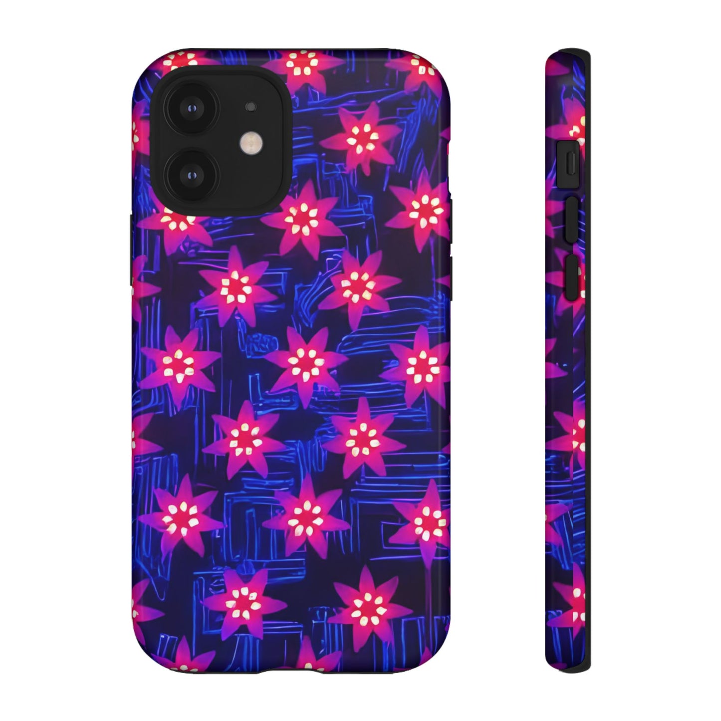 Neon Flower Tough Phone Case - Trippy Dark Floral Art, Electric Glow Aesthetic, Compatible with iPhone, Galaxy, and Google Phones